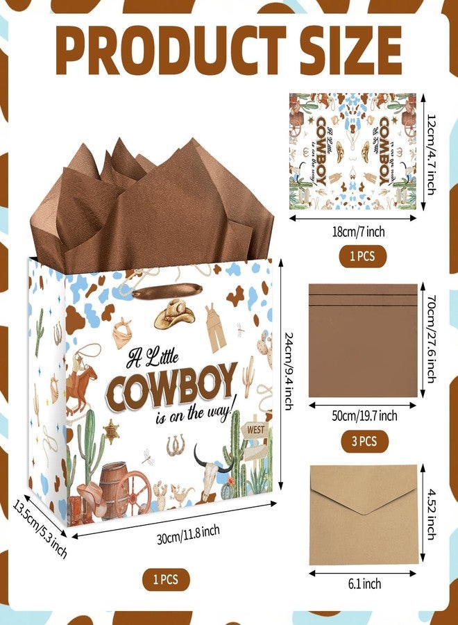 RTMISA Cowboy Baby Shower Gifts Bag with Tissue Paper and Greeting Card Western Cowboy Themed Baby Boy Shower Gifts Wrapping Paper Bag, Blue & Brown Party Favor Present Wrap Items - Image 2